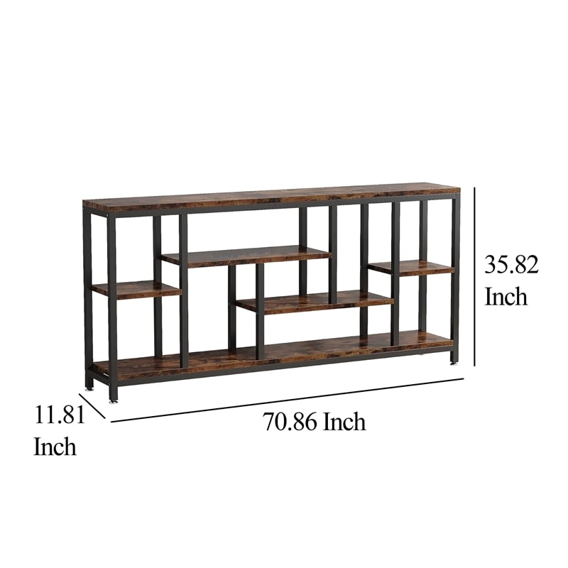 Benjara Console Sofa Table- 6 Brown Shelves- Industrial Black Metal- 71 Inch