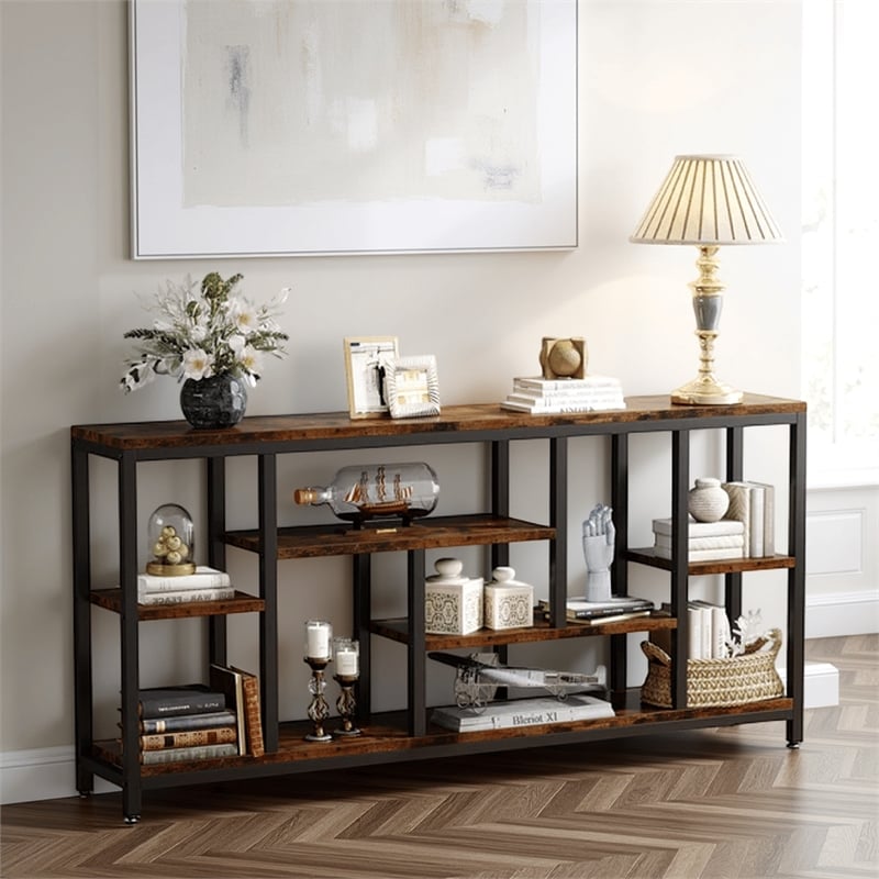 Benjara Console Sofa Table- 6 Brown Shelves- Industrial Black Metal- 71 Inch