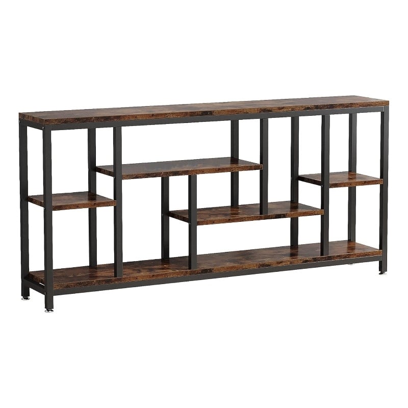 Benjara Console Sofa Table- 6 Brown Shelves- Industrial Black Metal- 71 Inch