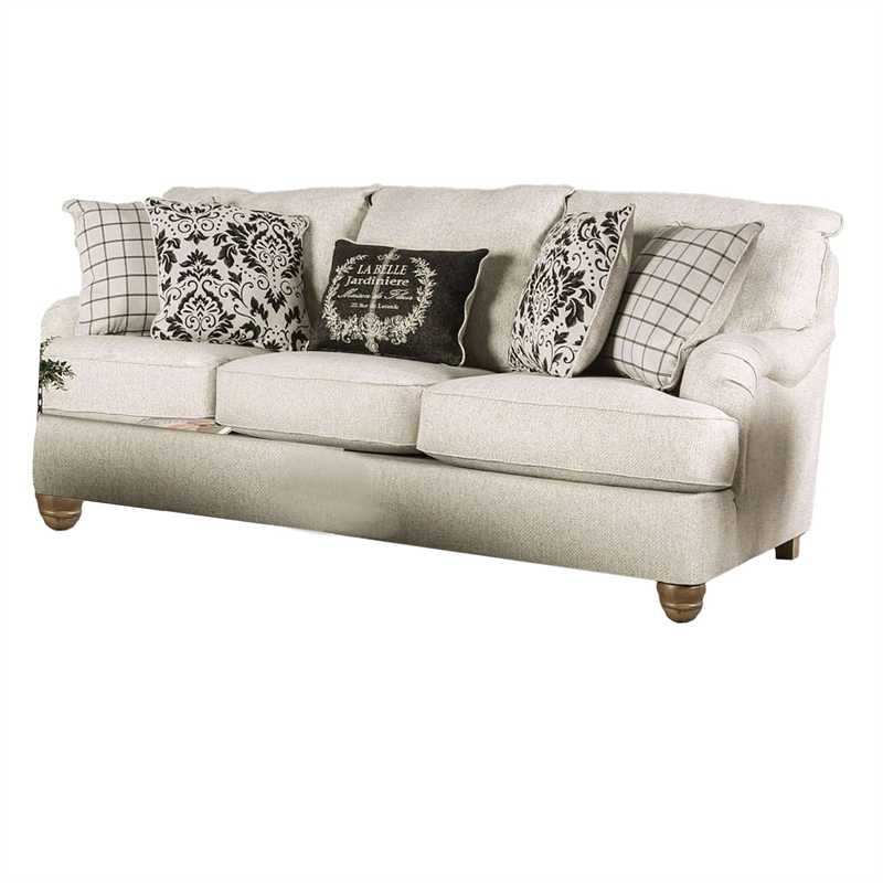 Benjara Selly Loveseat- Ivory Fabric- 5 Accent Pillows- Pleated Arms- 93 Inch