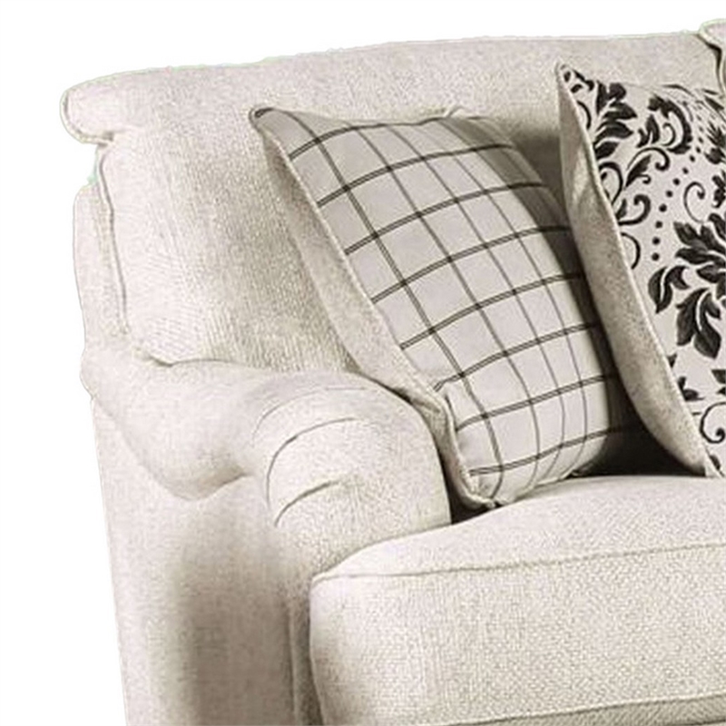Benjara Selly Loveseat- Ivory Fabric- 5 Accent Pillows- Pleated Arms- 93 Inch