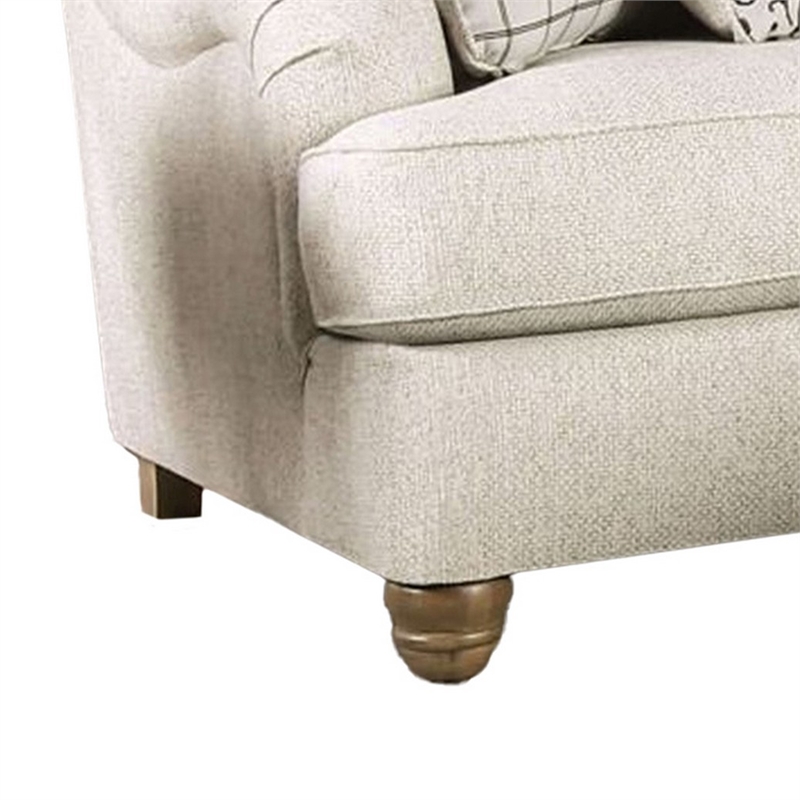 Benjara Selly Loveseat- Ivory Fabric- 5 Accent Pillows- Pleated Arms- 93 Inch