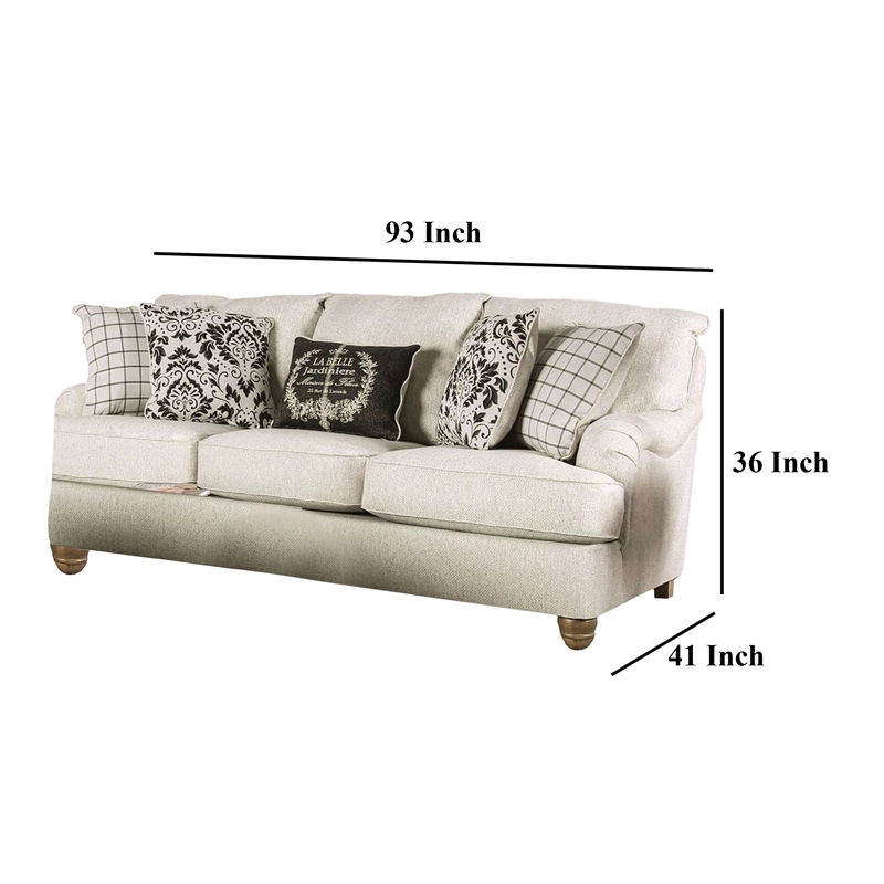 Benjara Selly Loveseat- Ivory Fabric- 5 Accent Pillows- Pleated Arms- 93 Inch