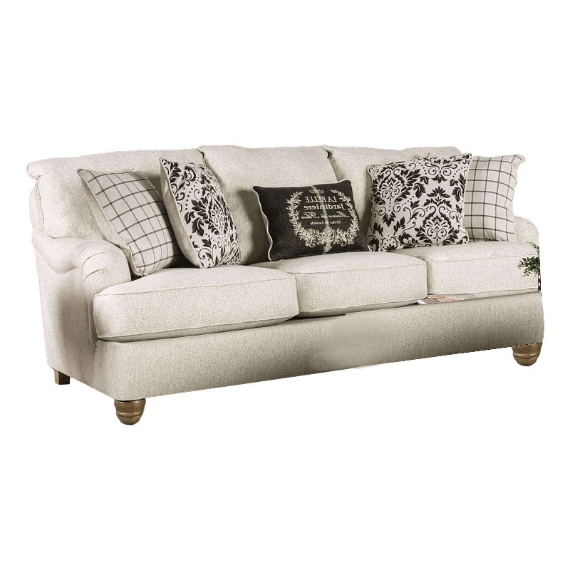 Benjara Selly Loveseat- Ivory Fabric- 5 Accent Pillows- Pleated Arms- 93 Inch