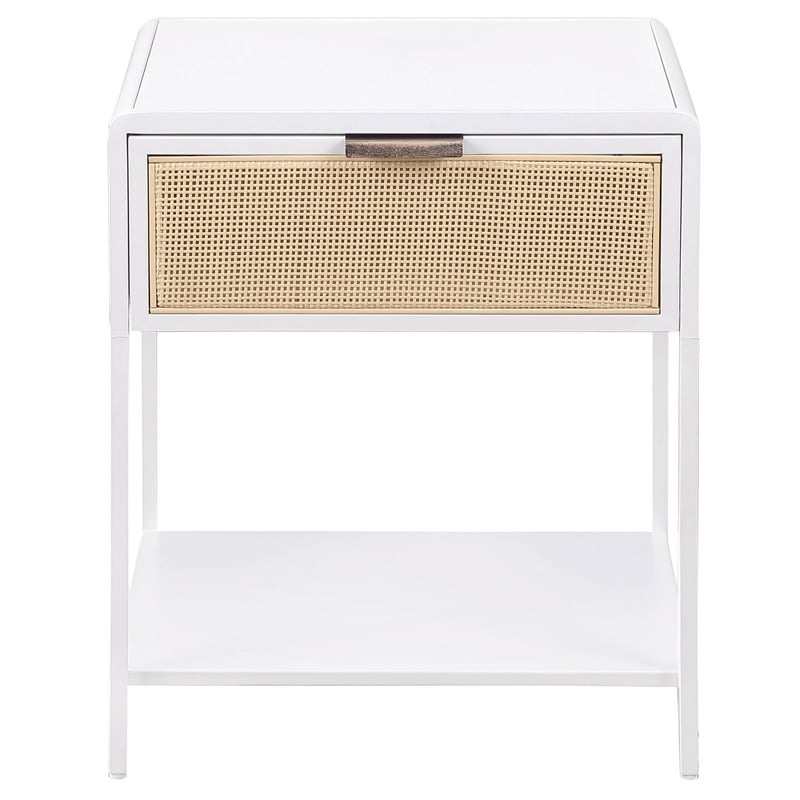 Benjara Lanie Bedside Table with Drawer and Open Shelf- PE Cane- White Metal