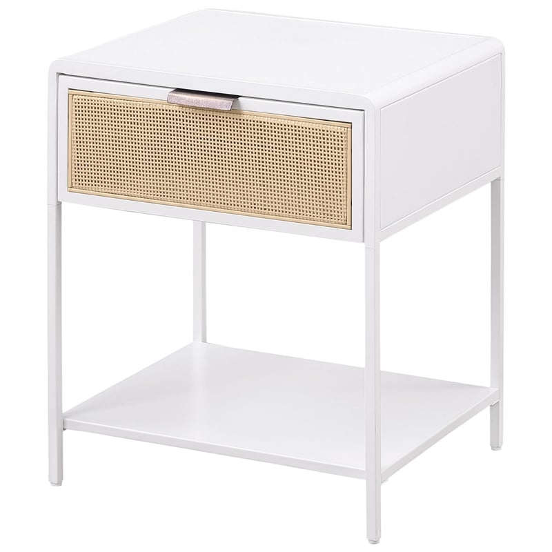 Benjara Lanie Bedside Table with Drawer and Open Shelf- PE Cane- White Metal