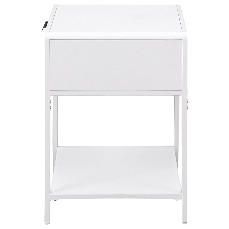 Benjara Lanie Bedside Table with Drawer and Open Shelf- PE Cane- White Metal