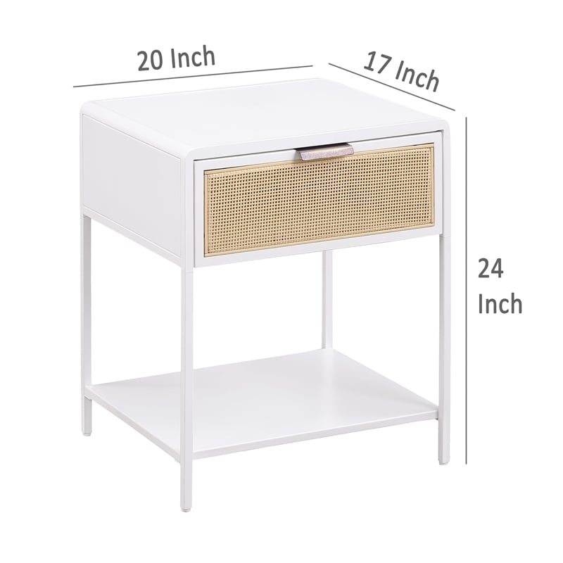 Benjara Lanie Bedside Table with Drawer and Open Shelf- PE Cane- White Metal
