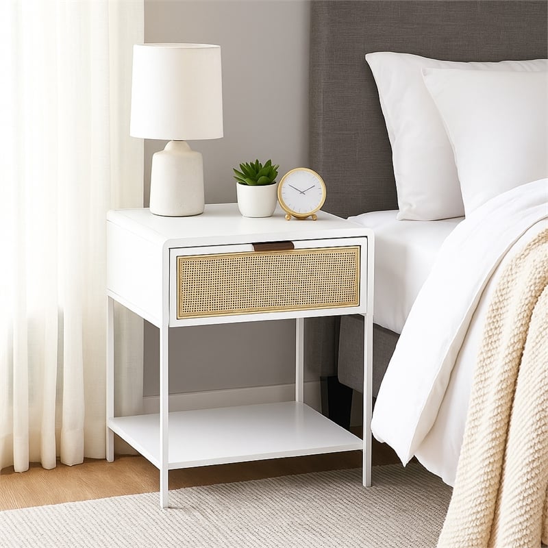 Benjara Lanie Bedside Table with Drawer and Open Shelf- PE Cane- White Metal