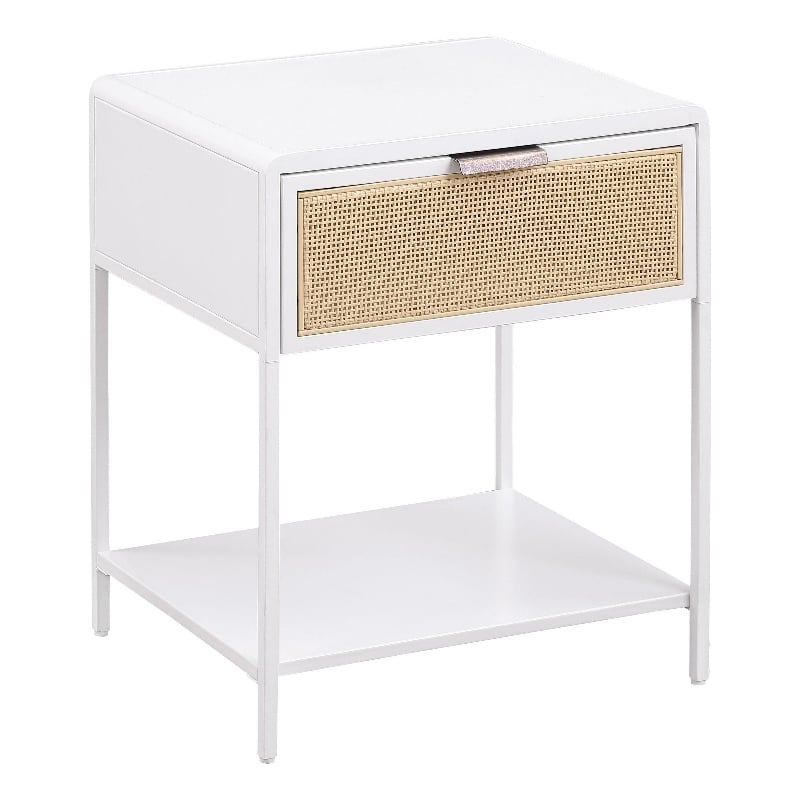 Benjara Lanie Bedside Table with Drawer and Open Shelf- PE Cane- White Metal