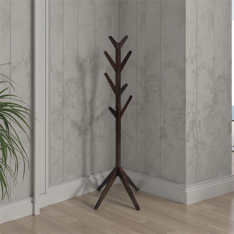 Benjara Margo Coat Rack- 8 Hooks and Tree Inspired Design- Brown Solid wood