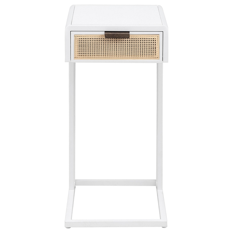 Benjara Lanie Side C Table- 1 Drawer- Sleek White Metal Frame- Faux Rattan