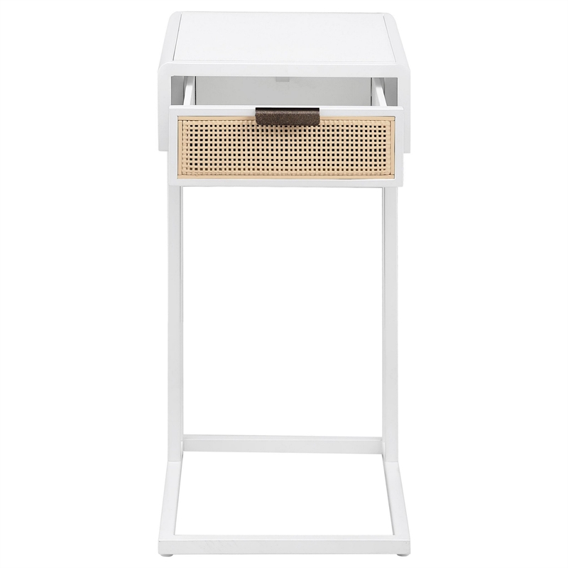 Benjara Lanie Side C Table- 1 Drawer- Sleek White Metal Frame- Faux Rattan