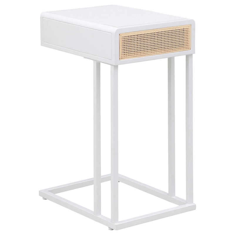 Benjara Lanie Side C Table- 1 Drawer- Sleek White Metal Frame- Faux Rattan