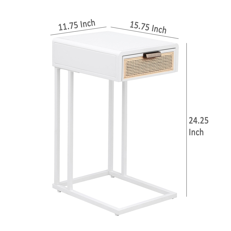 Benjara Lanie Side C Table- 1 Drawer- Sleek White Metal Frame- Faux Rattan