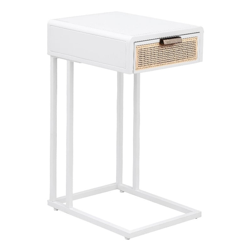 Benjara Lanie Side C Table- 1 Drawer- Sleek White Metal Frame- Faux Rattan