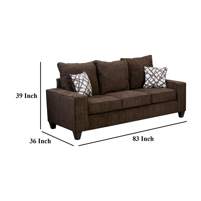 Benjara Marlow Sofa- Chocolate Brown Chenille- 2 Accent Throw Pillows- 83 Inch
