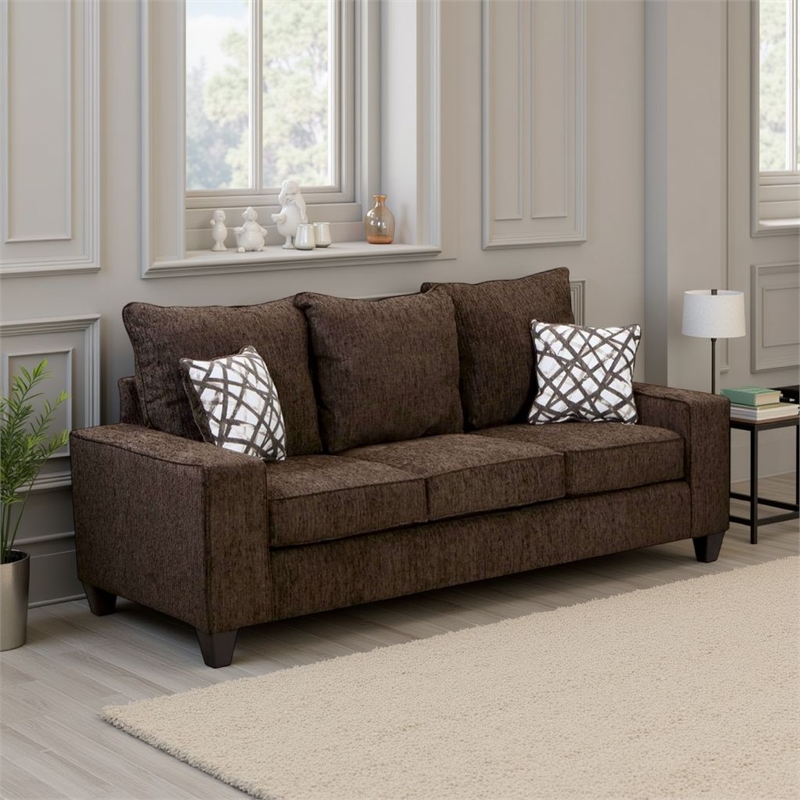 Benjara Marlow Sofa- Chocolate Brown Chenille- 2 Accent Throw Pillows- 83 Inch