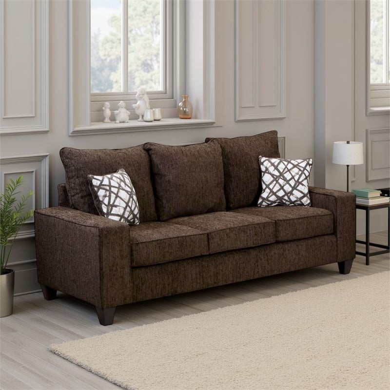 Benjara Marlow Sofa- Chocolate Brown Chenille- 2 Accent Throw Pillows- 83 Inch