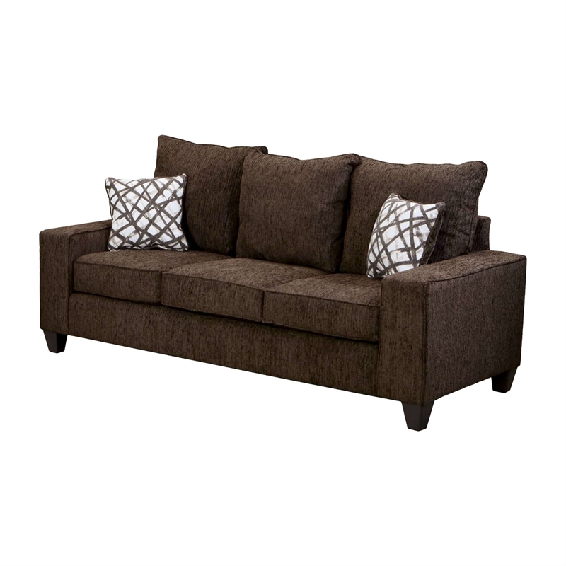 Benjara Marlow Sofa- Chocolate Brown Chenille- 2 Accent Throw Pillows- 83 Inch