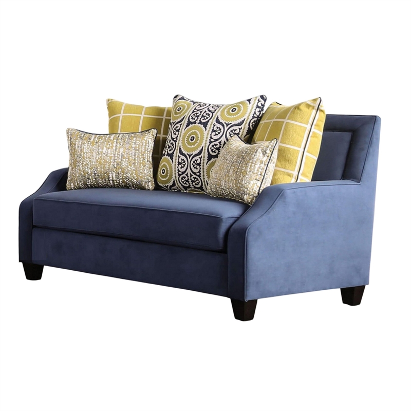 Benjara Omis Loveseat- Navy Blue Velvet- 5 Accent Pillows- Solid Wood- 65 Inch