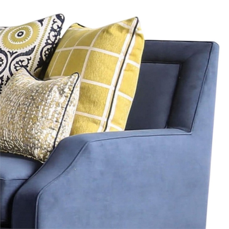 Benjara Omis Loveseat- Navy Blue Velvet- 5 Accent Pillows- Solid Wood- 65 Inch