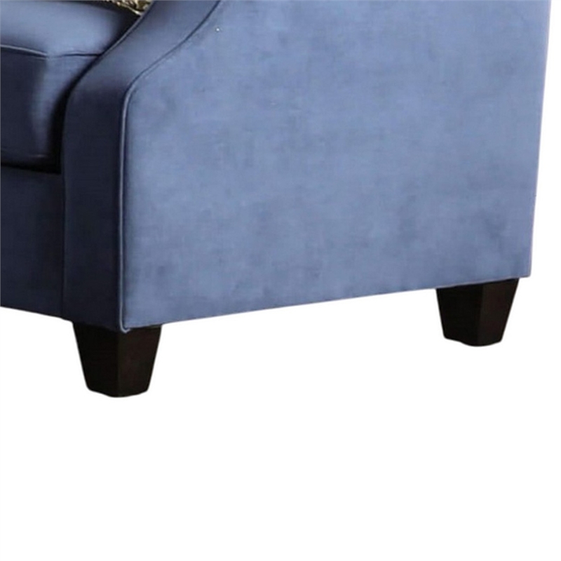 Benjara Omis Loveseat- Navy Blue Velvet- 5 Accent Pillows- Solid Wood- 65 Inch