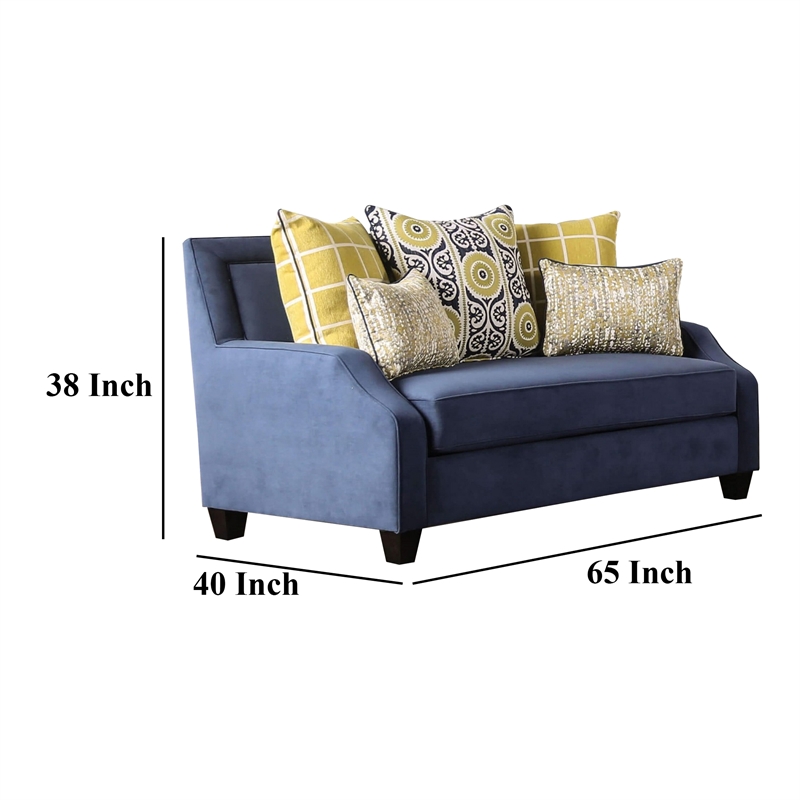 Benjara Omis Loveseat- Navy Blue Velvet- 5 Accent Pillows- Solid Wood- 65 Inch