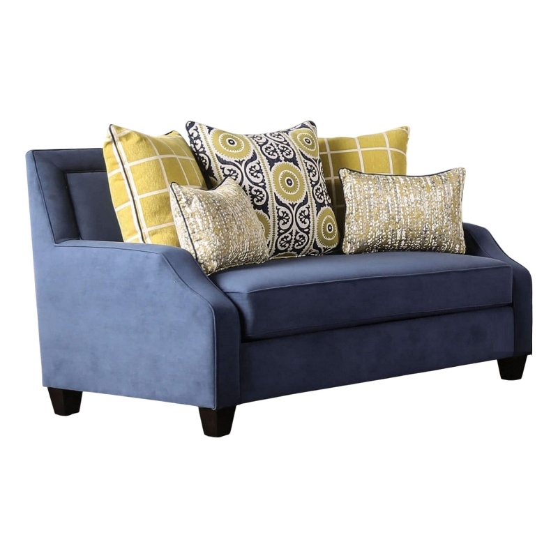 Benjara Omis Loveseat- Navy Blue Velvet- 5 Accent Pillows- Solid Wood- 65 Inch