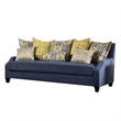 Benjara Omis Sofa- Navy Blue Velvet- 8 Accent Pillows- Solid Wood- 91 Inch