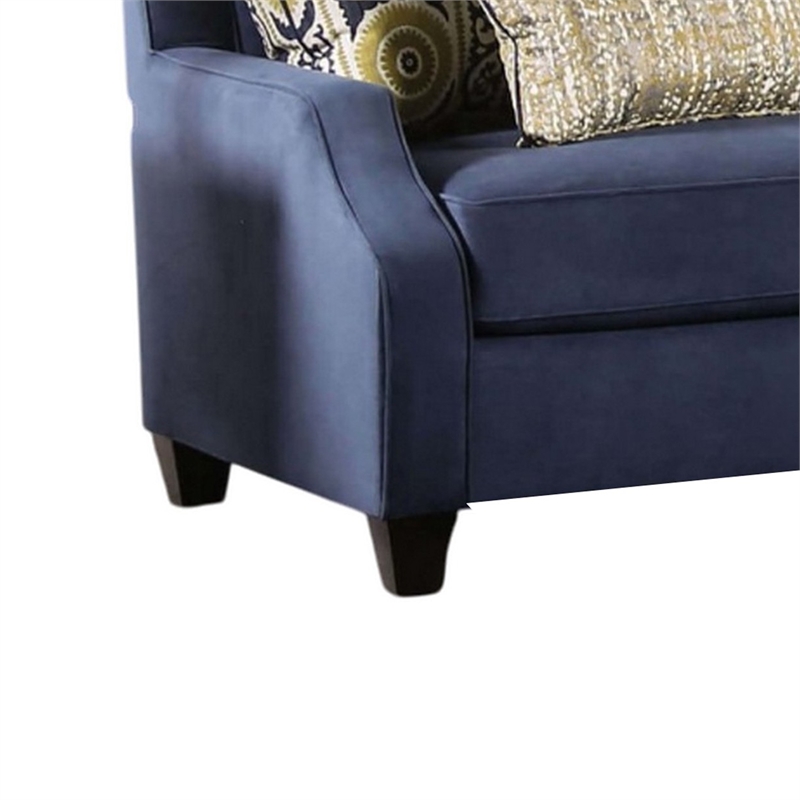 Benjara Omis Sofa- Navy Blue Velvet- 8 Accent Pillows- Solid Wood- 91 Inch