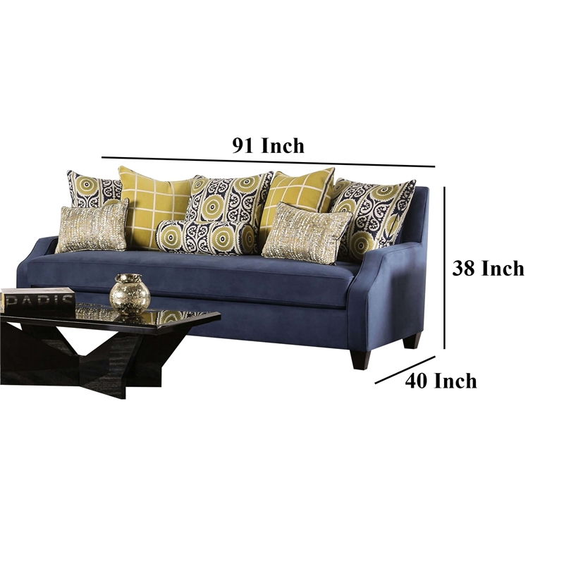 Benjara Omis Sofa- Navy Blue Velvet- 8 Accent Pillows- Solid Wood- 91 Inch