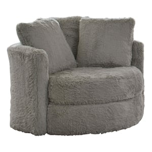Benjara Rane Swivel Accent Chair- Gray Chenille- Barrel Shape- Solid Wood