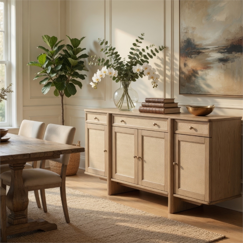 Benjara Lno Sideboard Buffet Cabinet- 4 Cane Woven Doors- Beige Wood 66 Inch