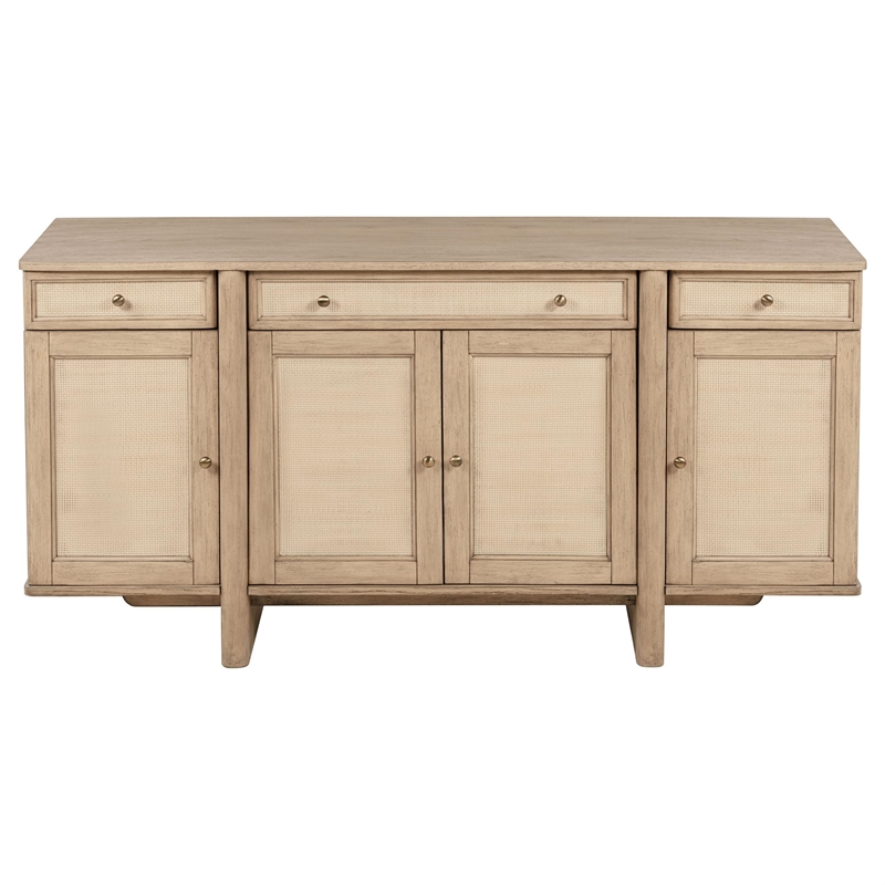 Benjara Lno Sideboard Buffet Cabinet- 4 Cane Woven Doors- Beige Wood 66 Inch
