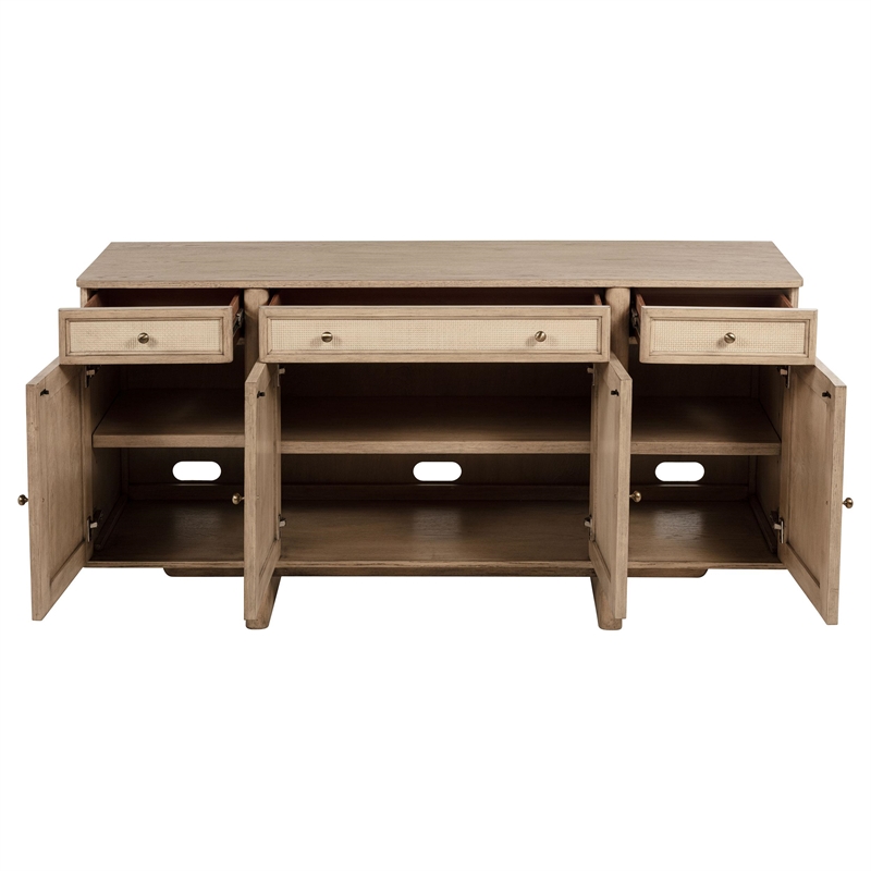 Benjara Lno Sideboard Buffet Cabinet- 4 Cane Woven Doors- Beige Wood 66 Inch