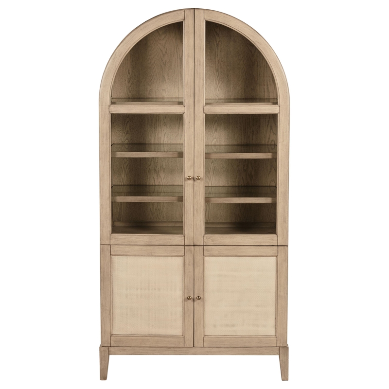 Benjara Lno Curio Cabinet- 2 Glass Door Arch Frame- Beige Wood Shelves 82 Inch