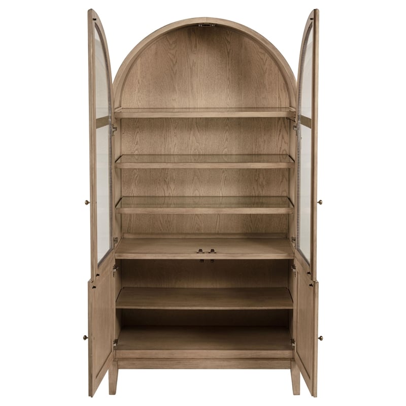Benjara Lno Curio Cabinet- 2 Glass Door Arch Frame- Beige Wood Shelves 82 Inch