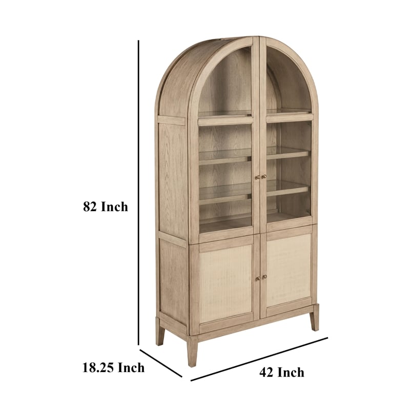 Benjara Lno Curio Cabinet- 2 Glass Door Arch Frame- Beige Wood Shelves 82 Inch