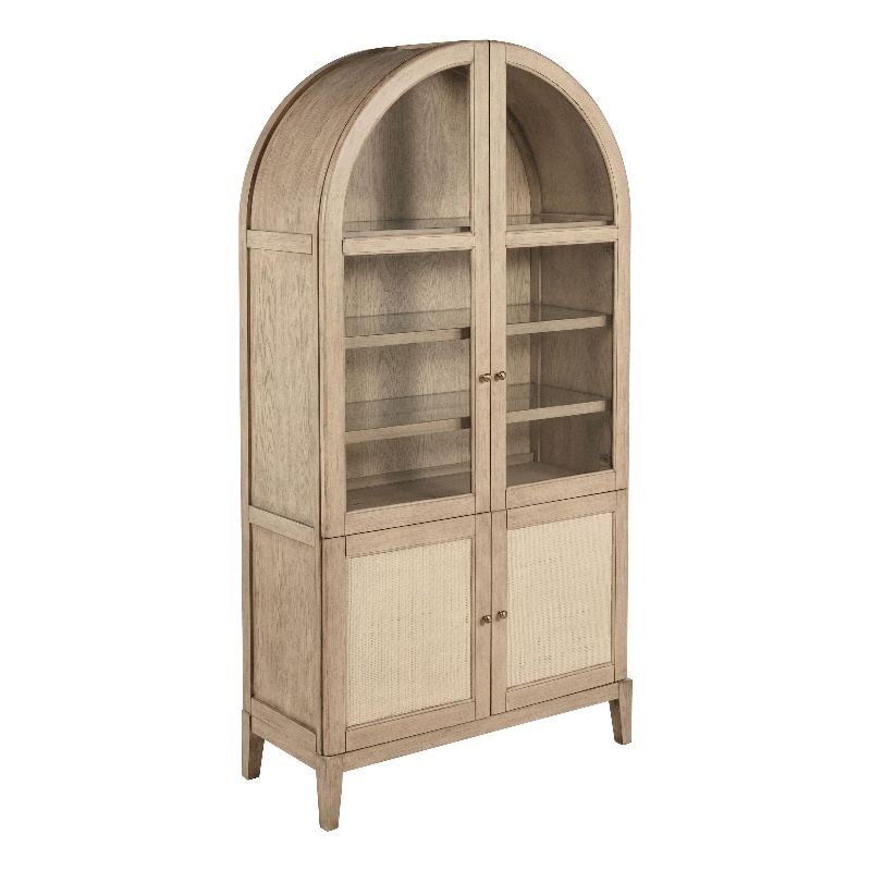 Benjara Lno Curio Cabinet- 2 Glass Door Arch Frame- Beige Wood Shelves 82 Inch