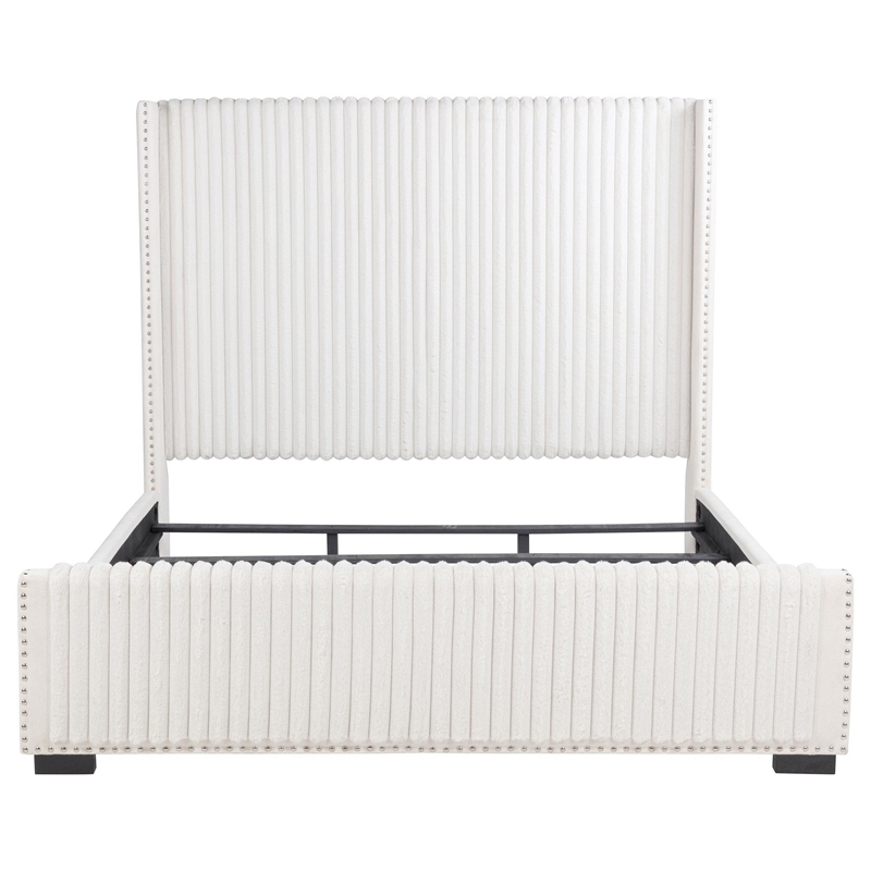 Benjara Asy King Bed- Channel Tufted Wingback Headboard- White Upholstery