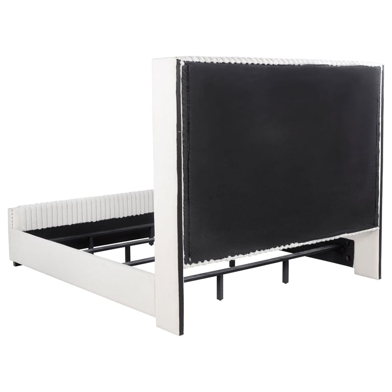 Benjara Asy King Bed- Channel Tufted Wingback Headboard- White Upholstery