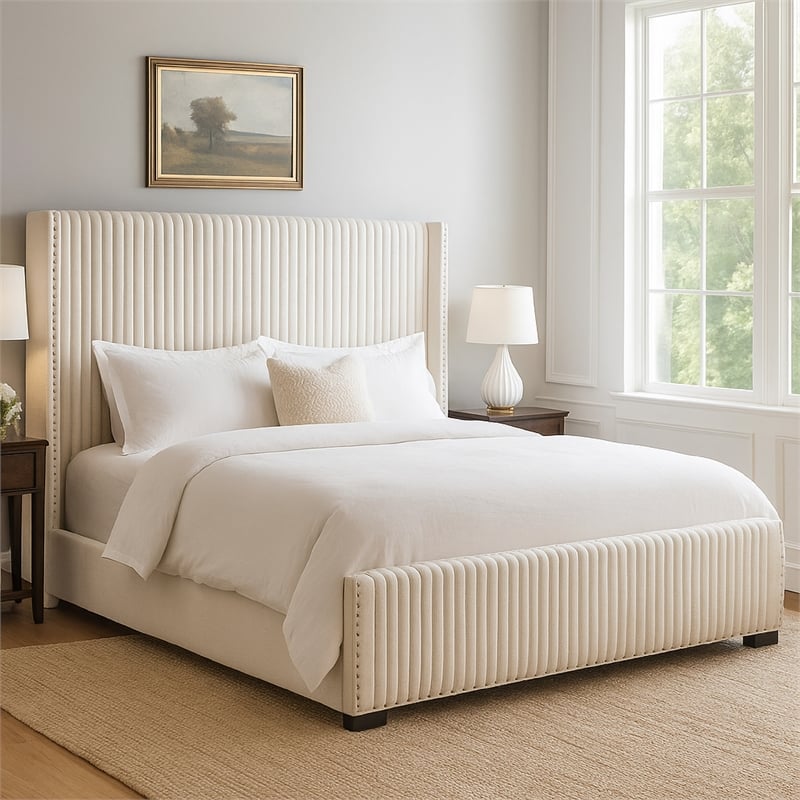 Benjara Asy King Bed- Channel Tufted Wingback Headboard- White Upholstery