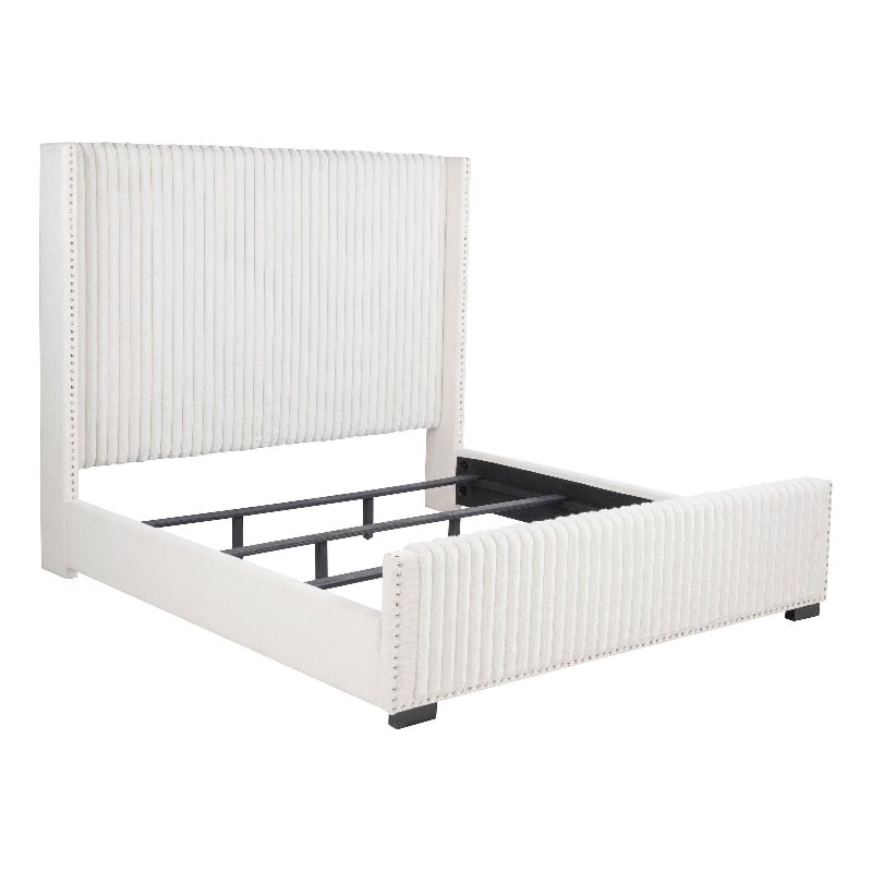 Benjara Asy King Bed- Channel Tufted Wingback Headboard- White Upholstery