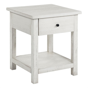 Benjara Ayne Side End Table- 1 Drawer- Distressed White Wood- Square 20 Inch