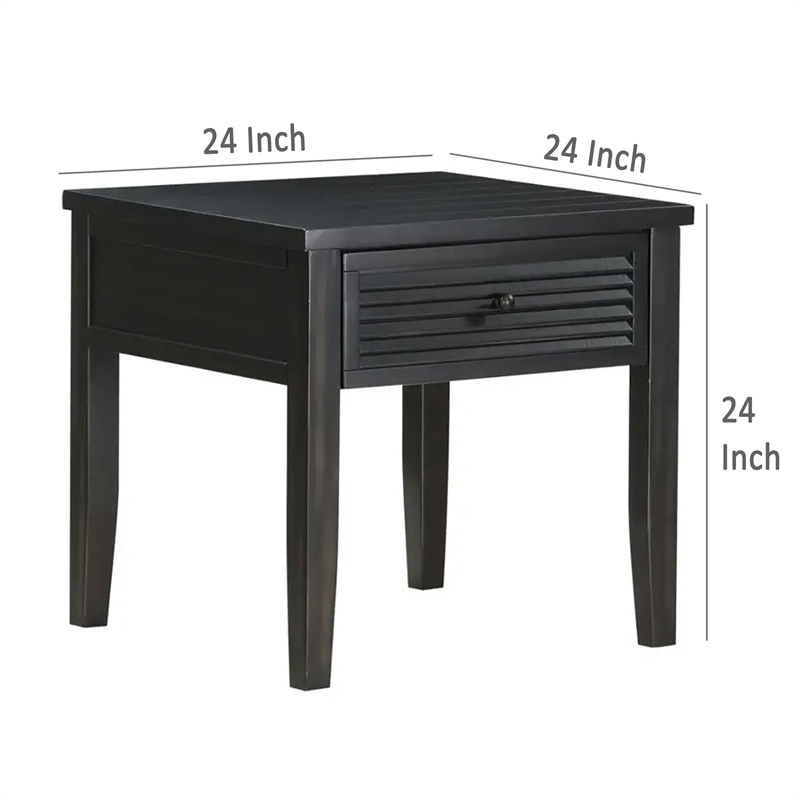 Benjara Coni Side End Table- 1 Drawer- Classic Black Wood- Square 24 Inch