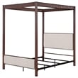 Benjara Zemy King Canopy Bed with 4 Posts- Beige Upholstery- Brown Metal