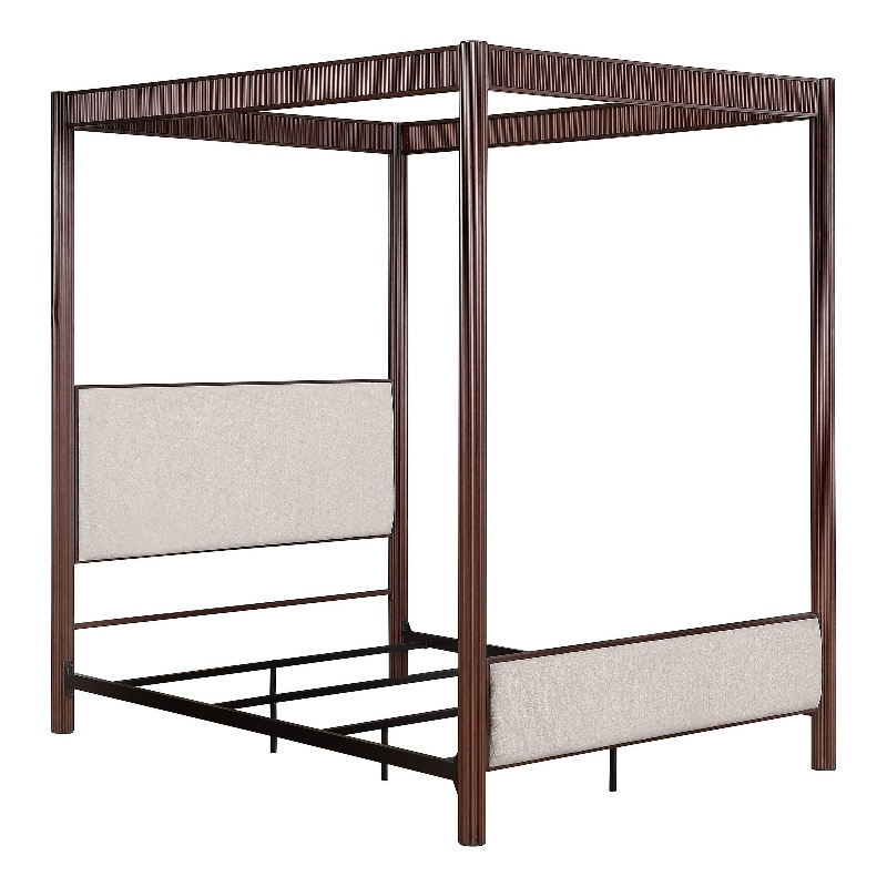Benjara Zemy King Canopy Bed with 4 Posts- Beige Upholstery- Brown Metal