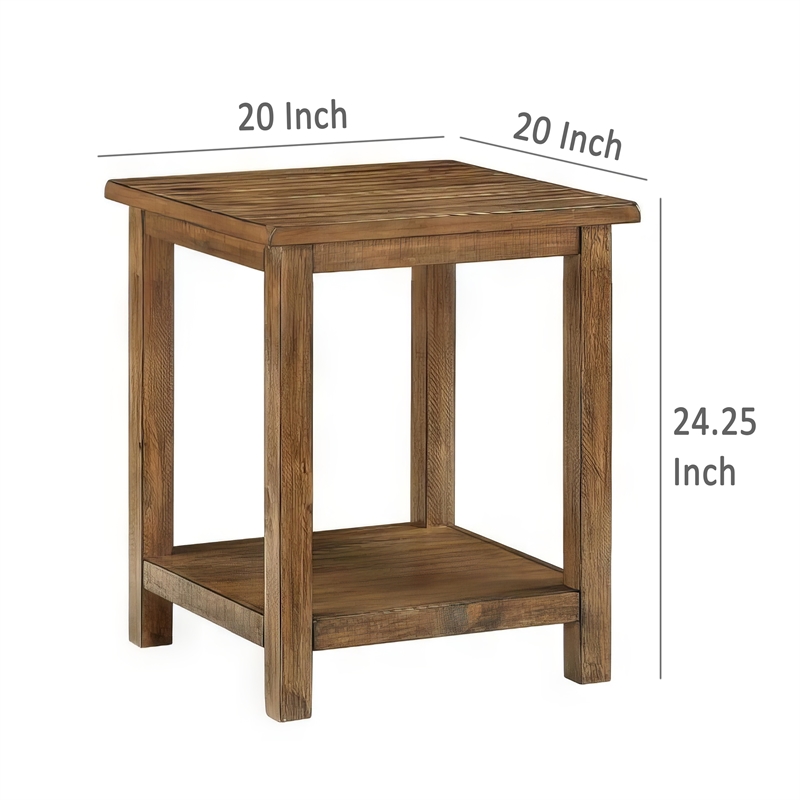 Benjara Ayne Side End Table- 1 Shelf- Distressed Brown Wood- Square 20 Inch