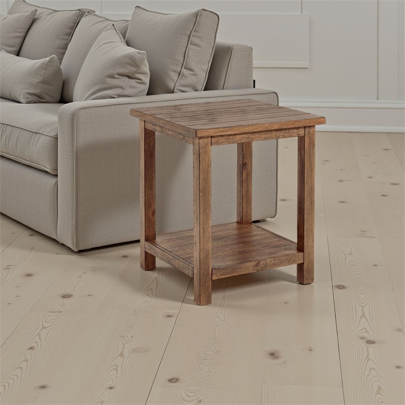 Benjara Ayne Side End Table- 1 Shelf- Distressed Brown Wood- Square 20 Inch
